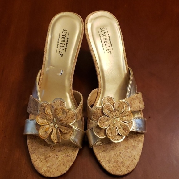 SEYCHELLES Cork Wedge Slide Sandles Tan Gold 6 EUC - Picture 9 of 9